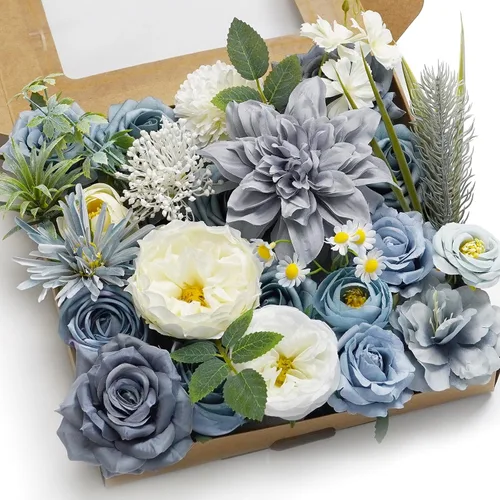 Miniatura 10 de Juego de caja de flores artificiales moradas, combo de rosas falsas y dalias para manualidades, boda, centro de mesa, buqué de novia, baby shower