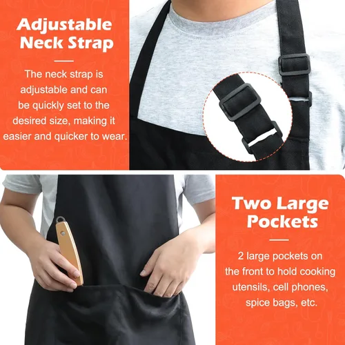 Miniatura 4 de Delantal con pechera, delantales negros unisex, ajustables, lavables, con 2 bolsillos para cocina, manualidades, barbacoa, dibujo
