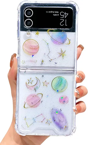 Miniatura 11 de Abbery Funda transparente para Samsung Galaxy Z Flip 3 5G, transparente y con diseño de purpurina bonita con purpurina floral prensada de Rosa
