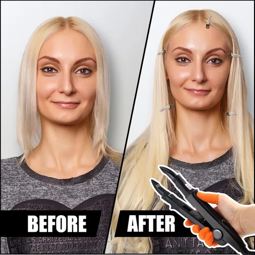 Miniatura 5 de Kit de extensión de cabello de queratina: plancha térmica, gránulos de pegamento de queratina, plantillas protectoras, pinzas para el cabello y Negro