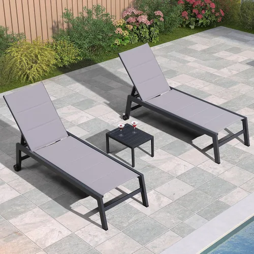 Miniatura 29 de PURPLE LEAF Juego de 2 tumbonas de aluminio para patio al aire libre con ruedas y mesa auxiliar, tumbona de piscina para jardín al aire libre, junto
