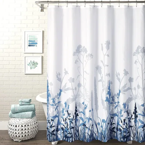 Miniatura 2 de Cortina de ducha de tela de baño floral azul y gris con ganchos, accesorios decorativos de baño, a prueba de agua, ojales de metal reforzados, 72 x