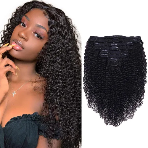 Miniatura 16 de Extensiones de cabello humano rizado con clip, 3C 4A, rizado con clip, cabeza completa, para mujeres negras, cabello humano brasileño Remy