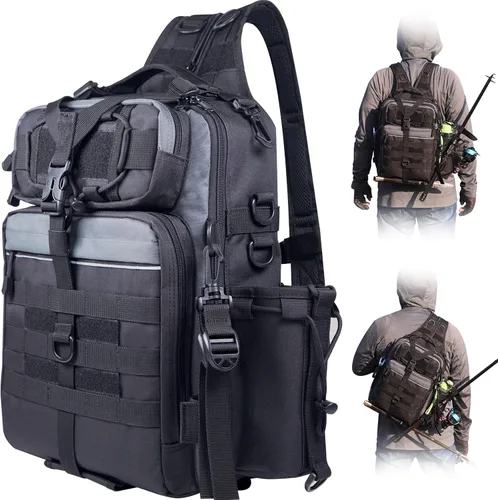 Blisswill - Bolsa de almacenamiento para equipo de pesca al aire libre - Mochila de pesca grande resistente al agua G: negro y gris