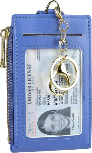 Miniatura 11 de Tarjetero de cuero para mujer, con bloqueo RFID, delgado y pequeño, con cremallera, llavero, bolsillo frontal, con 2 ventanas para identificación