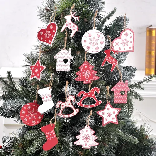 Miniatura 3 de IDATOO 32 piezas de adornos colgantes para árbol de Navidad de madera, regalo personalizado rústico de granja para árbol de Navidad en casa, ventana