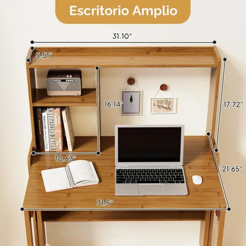 Miniatura 2 de Escritorio plegable de bambú de 31.1 pulgadas con estantería, escritorio compacto para computadora para espacios pequeños, escritorio plegable