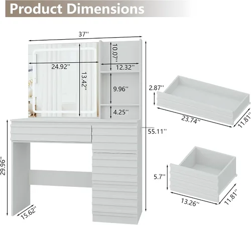 Miniatura 2 de Escritorio estriado con espejo y luces HD, mesa de tocador de maquillaje de madera con 4 cajones y estantes abiertos, juego de tocador de mediados