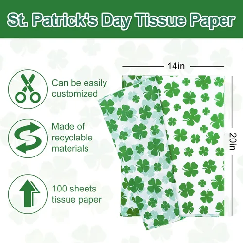 Miniatura 2 de Whaline 100 hojas de papel de seda para el día de San Patricio, acuarela, trébol, papel de regalo de trébol verde, papel de regalo para el hogar