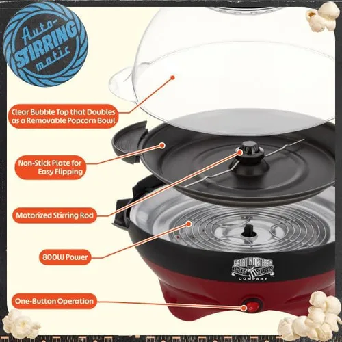 Miniatura 4 de Máquina eléctrica de palomitas de maíz de 800 W, capacidad de 6 cuartos de galón, agitador integrado y cuenco para servir (rojo)