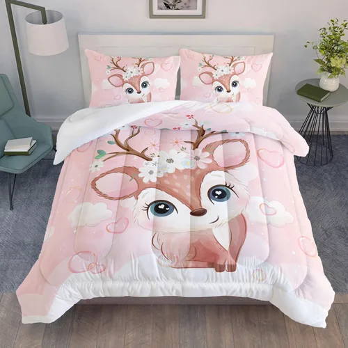 AILONEN Bonito juego de edredón tamaño individual, lindo juego de ropa de cama de ciervo rosa para niños y niñas, juego de edredón Kawaii de ciervos