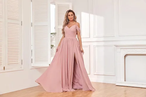 Miniatura 6 de BOLENSYE Vestidos de dama de honor con hombros descubiertos y bolsillos, vestido de noche formal con abertura larga de gasa fruncida