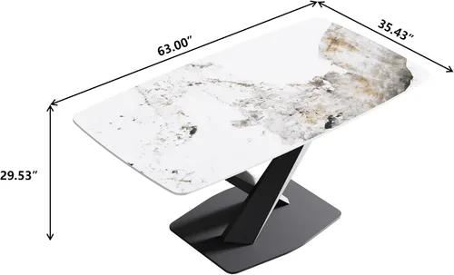 Miniatura 2 de Mesa de comedor moderna, mesa de comedor de piedra sinterizada blanca antigua con base de acero al carbono sólido en forma de X, mesa de comedor