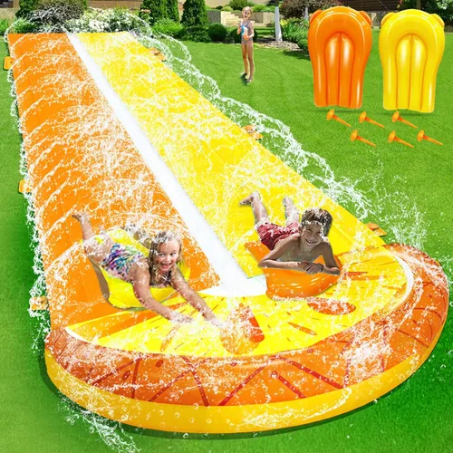 iGeeKid Toboganes de agua de piña con 2 tablas de bodyboards para niños y adultos, juguetes de agua resistentes, aspersores, 2 carriles de carreras,
