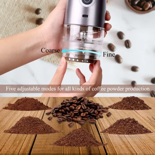 Miniatura 4 de Mulli Molinillo de café portátil, molinillo eléctrico para café, molinillo de rebabas ajustable con 5 ajustes precisos de molienda para goteo