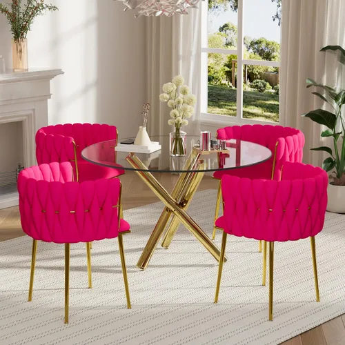 Miniatura 10 de Juego de mesa redonda dorada para 4, juego de mesa de comedor de 39'' con tapa de vidrio transparente, juego de mesa de cocina circular moderna de 5
