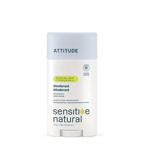 ATTITUDE Desodorante para pieles sensibles, sin aluminio y sin bicarbonato de sodio, suave y vegano, protección contra olores de larga duración, sin