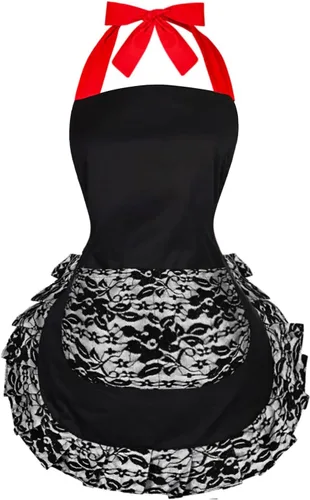 Miniatura 7 de Violet Mist Delantales coquetos de encaje negro para mujer con bolsillo, delantales negros sexys para cocinar, delantal para mujeres y niñas