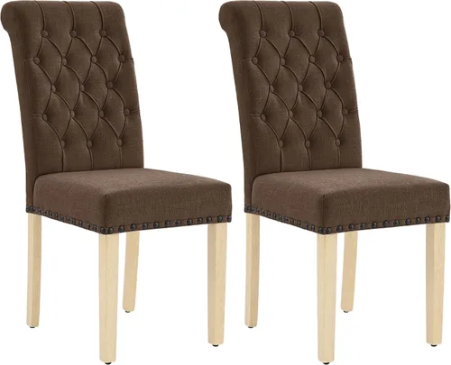 Miniatura 23 de adochr Juego de 2 sillas de comedor de tela de lino, silla de comedor tapizada con patas de madera, sillas Parsons sin brazos para Beige
