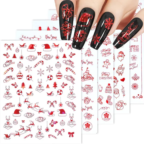 Miniatura 10 de Calcomanías de uñas – Navidad 3D, calcomanías autoadhesivas para uñas, patrón multicolor, 10 hojas, para arte de uñas
