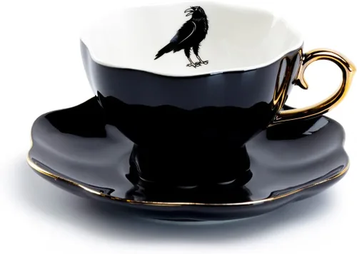 Raven - Taza de té y platillo de porcelana fina negra con cuervo pintado a mano, color negro, blanco y dorado