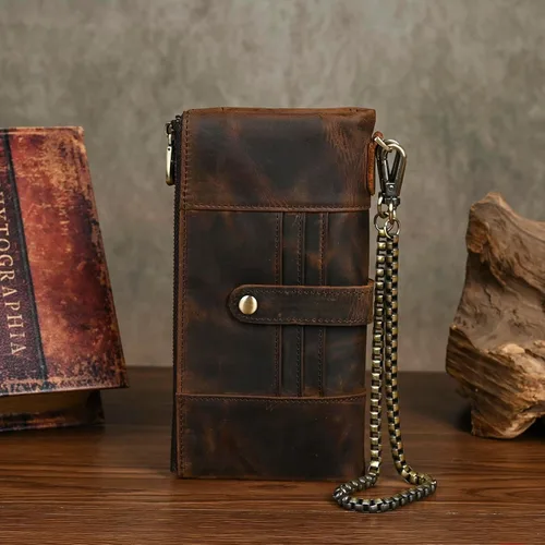 Miniatura 9 de Genuino Caballo Loco Cuero Regalo de Viaje Moneda Bolsillo Tarjetero Organizador Largo Cadena Rfid Cartera Monedero Con Broche Para Hombres Hombres