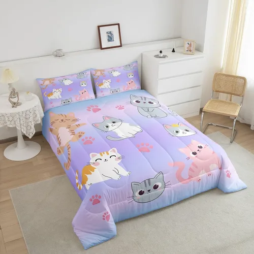 Miniatura 62 de Erosebridal Juego de ropa de cama para niños, tamaño individual, diseño de gatos de dibujos animados, para niñas, niños y adolescentes, edredón