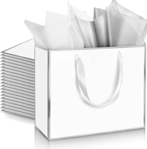 Miniatura 25 de ReliThick Paquete de 12 bolsas de regalo de papel metálico con asas y papel de seda de 11.8 x 10 x 4 pulgadas, bolsa de agradecimiento para Azul
