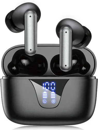 Auriculares inalámbricos Bluetooth, auriculares de reproducción de 50 horas con micrófono, funda de carga con pantalla digital LED, IPX7