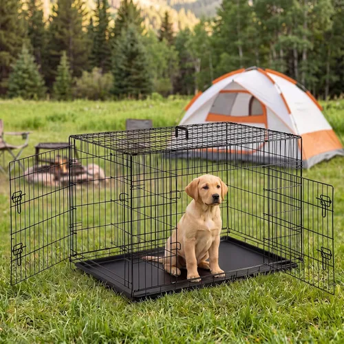 Miniatura 6 de Sweetcrispy Jaula para perros, jaula plegable de alambre de metal de doble puerta de 42 pulgadas con bandeja de plástico a prueba de fugas, perrera