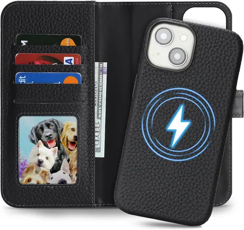 Miniatura 10 de Funda desmontable de piel auténtica para iPhone 13/14, funda magnética 2 en 1 extraíble, soporte de carga MagSafe, función de soporte para tarjetas