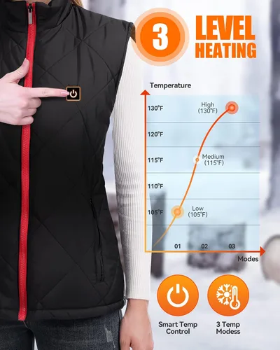 Miniatura 3 de HEATEDTEK Chaleco térmico para mujer chaleco ligero con calefacción 8 almohadillas de calefacción 3 controles de temperatura sin batería