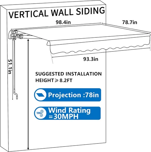 Miniatura 6 de MUPATER Toldo retráctil de 8 x 7 pies para patio, refugio al aire libre para terraza con manivela manual, proyección de 78 pulgadas, gris