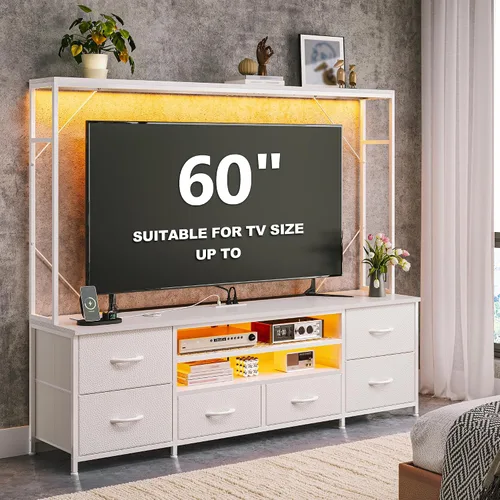 Miniatura 11 de Romorgniz Centro de entretenimiento de 55 pulgadas de ancho con luces LED y tomas de corriente, soporte de TV con 6 cajones para TV de 55/60 Negro
