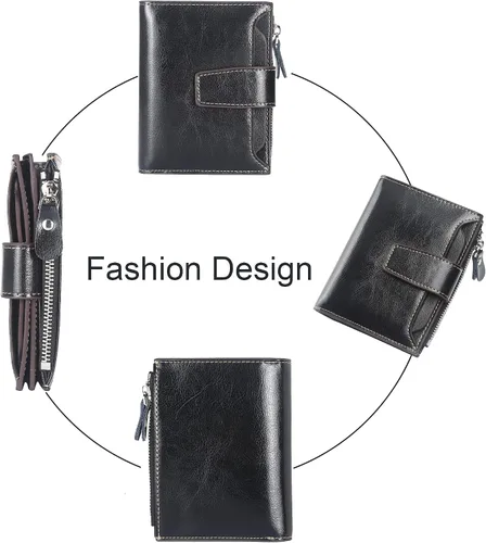 Miniatura 3 de Lavemi Pequeña cartera compacta para mujer, con bloqueo RFID, de piel auténtica, plegable, con ventanas de identificación