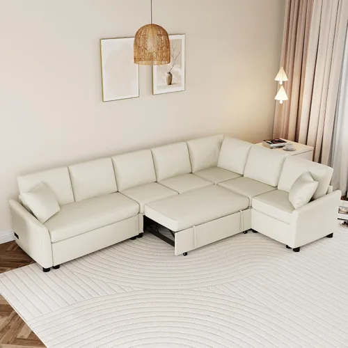 JIVOIT Sofá cama moderno en forma de L con dos almohadas de respaldo, sofá cama modular de 124.8 pulgadas con cama extraíble, sofá modular Beige 052