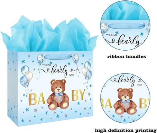 Miniatura 3 de Laidans Bolsa grande de regalo de cumpleaños para baby shower de 13 pulgadas para niño con papel de seda y tarjeta, globos azules, diseño de oso