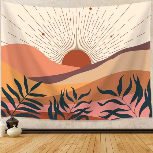 Viajar Tapiz bohemio, tapiz bohemio de sol de montaña, tapiz abstracto de mediados de siglo, paisaje natural, decoración minimalista de pared para