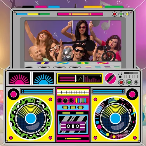 Miniatura 4 de Radio de tela Boombox - Accesorios para cabina de fotos para decoraciones de fiesta de los años 90 y 80, 59 x 59 pulgadas, pancarta colgante