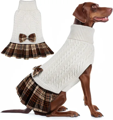 Miniatura 20 de KYEESE Suéter de punto grueso para perro, vestido de suéter para mascotas con corbatín, abrigos elásticos para mascotas, suéter suave para perros