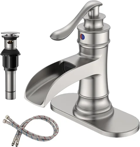 Miniatura 11 de BWE - Grifo de baño de cascada de una manija, cromado y dorado, para tocador con tapón de drenaje emergente con rebosadero, de un agujero, palanca