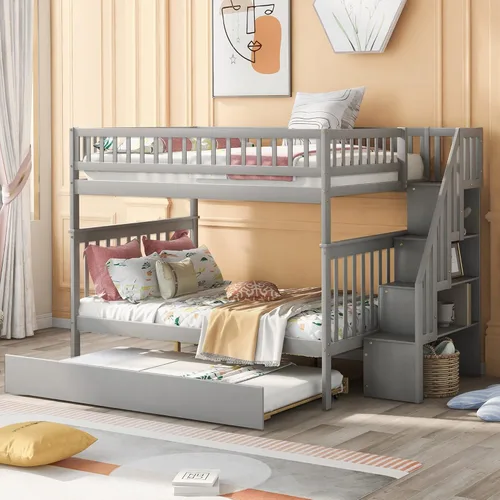 Miniatura 12 de Polibi Litera de escalera individual sobre matrimonial con nido, escalera de almacenamiento y barandilla de longitud completa, litera de Gris