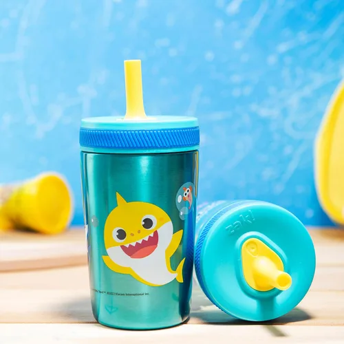 Miniatura 3 de Zak Designs Baby Shark Kelso - Juego de vasos con tapa de rosca a prueba de fugas con pajilla, paquete para niños, incluye vasos de plástico y acero