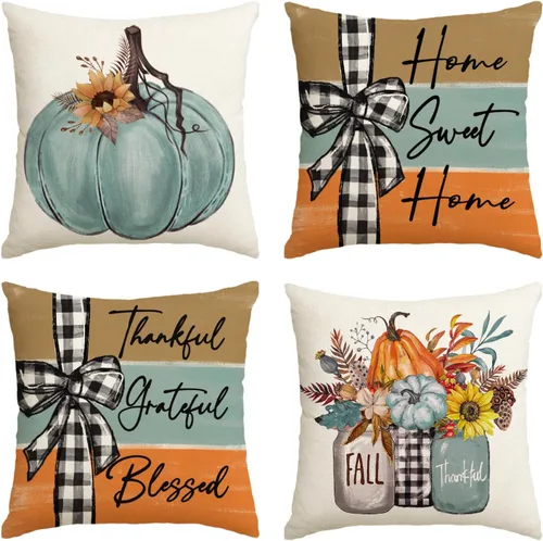 AVOIN colorlife - Juego de 4 fundas de cojín de otoño con calabaza de otoño, "Home Sweet Home", de 16 x 16 pulgadas, decoraciones florales Azul