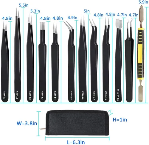 Miniatura 6 de Juego de pinzas de precisión, 12 piezas antiestáticas de acero inoxidable ESD para reparación de electrónica, soldadura, manualidades, joyería