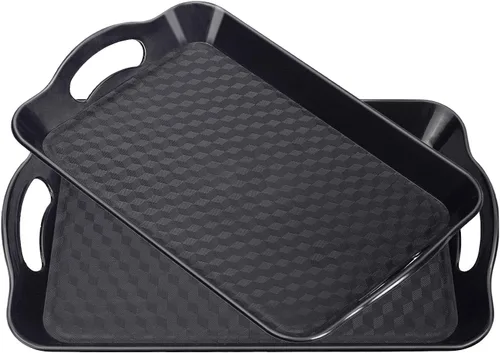 Miniatura 8 de Bandeja de plástico con asas, paquete de 2 bandejas rectangulares multiusos antideslizantes para servir restaurante para fiestas, mesa de café