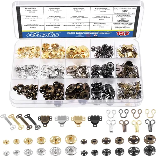 Glarks 152 pares de ganchos y ojos de costura de 3 estilos con kit de broches para coser, 4 colores de cierres de gancho y ojal, botones a presión,