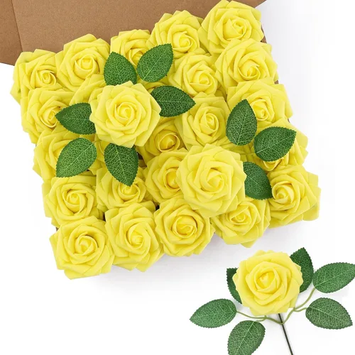 Miniatura 40 de DuHouse 25 rosas artificiales con tallos, flores de espuma de tacto real para bricolaje, ramo de boda, centro de mesa, arreglo floral, fiesta, Verde