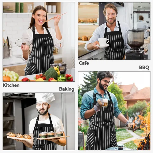 Miniatura 7 de NLUS Paquete de 2 delantales de cocina para mujeres con bolsillos, delantales de babero de cocina ajustables para mujeres, hombres, chef, rayas