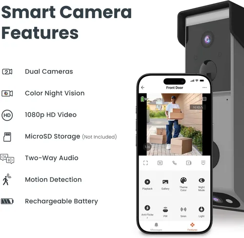 Miniatura 4 de Feit Electric Timbre inalámbrico inteligente con cámara HD de lente dual de 1080p, grabación local 24/7, visión nocturna, asistente de voz